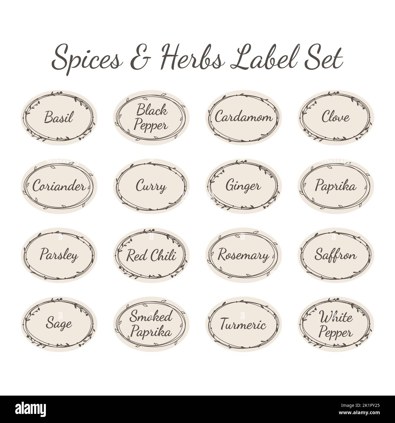 Spices and herbs vector label set for kitchen jar. Spice ellipse floral