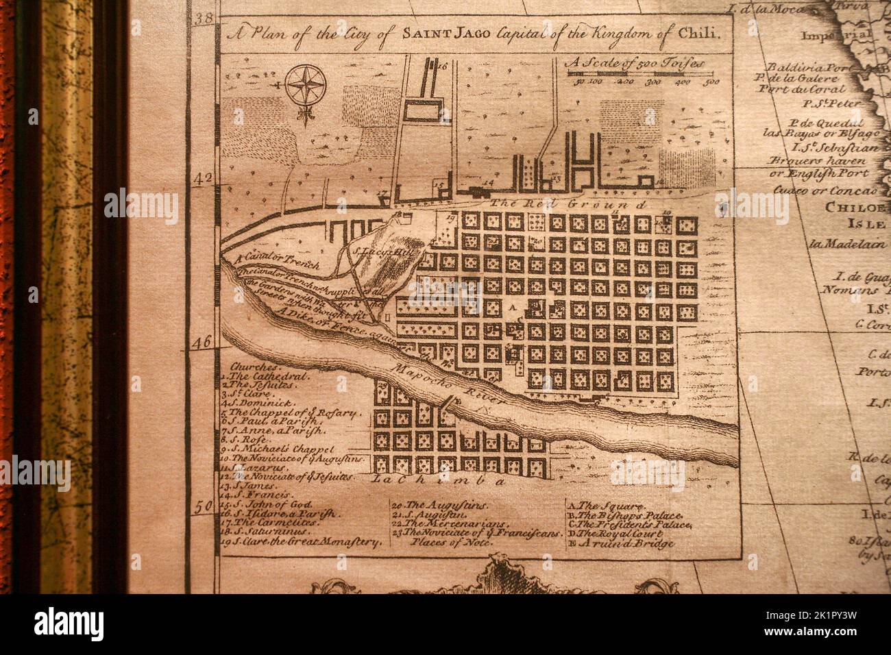 Chile, Museo de Cochagua in Santa Cruz. Old map of Santiago. Stock Photo