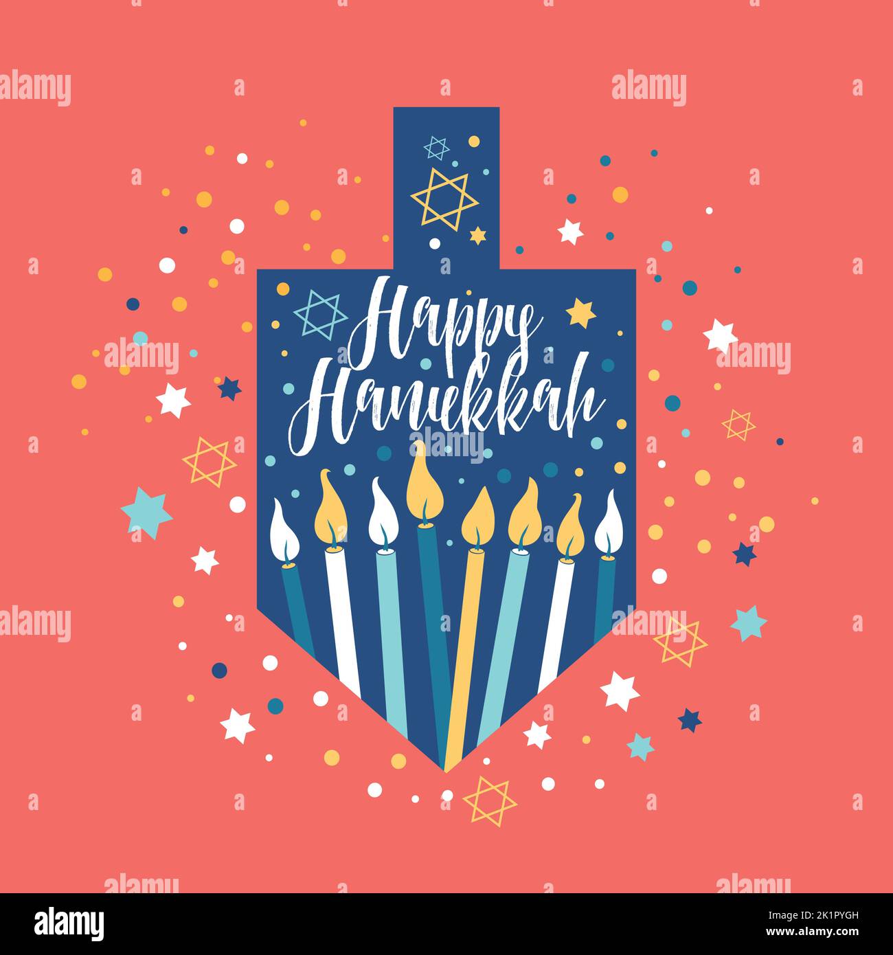 Happy Hanukkah, Jewish Festival of Lights greeting card with Chanukah symbols dreidels, spinning top, lettering, menorah candles, star David. Vector Stock Vector