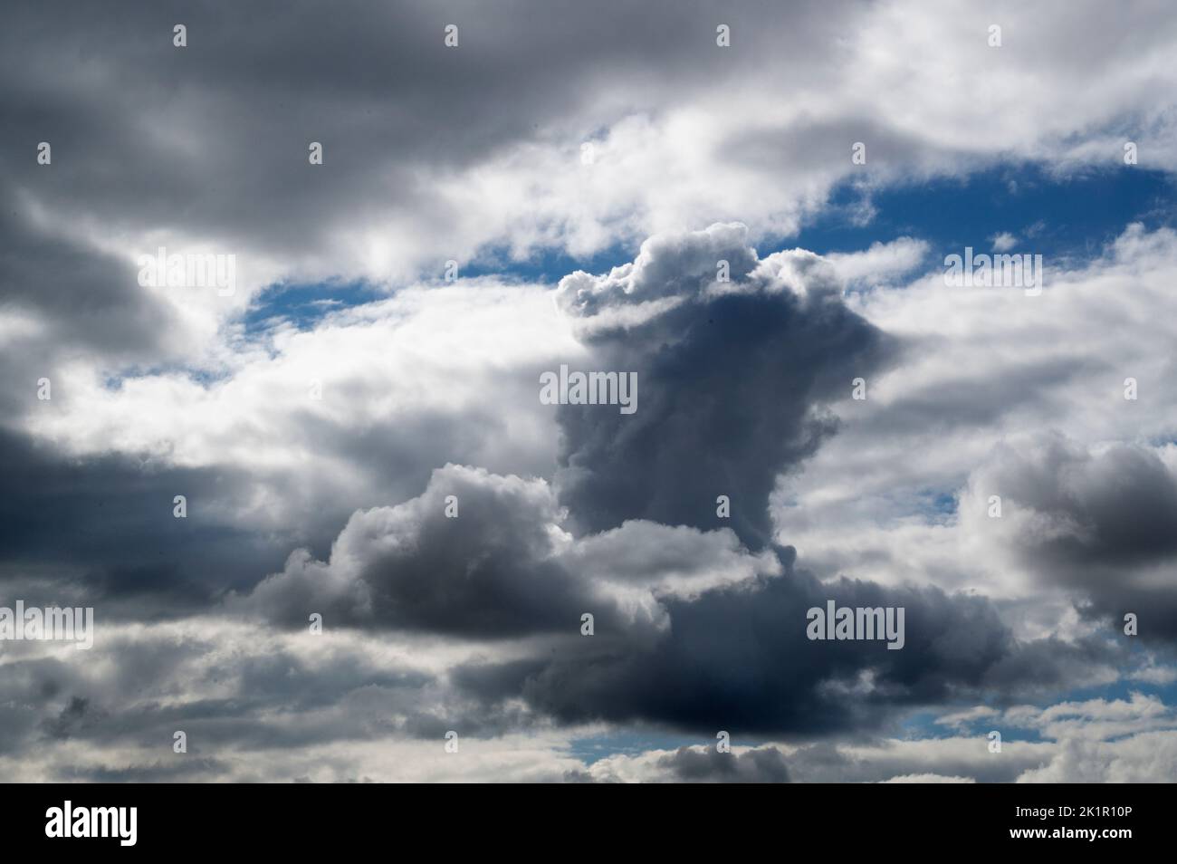 Wales. Driving at sunset on A40. Cumulus clouds. Stock Photo