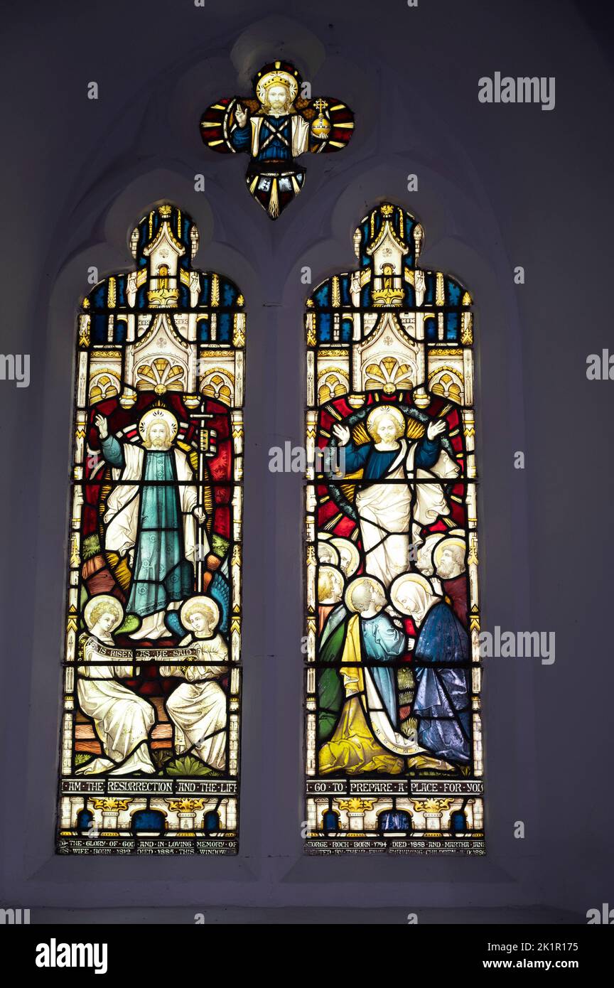 Wales, Pembrokeshire. Stained glass window in Monks Haven church. Stock Photo