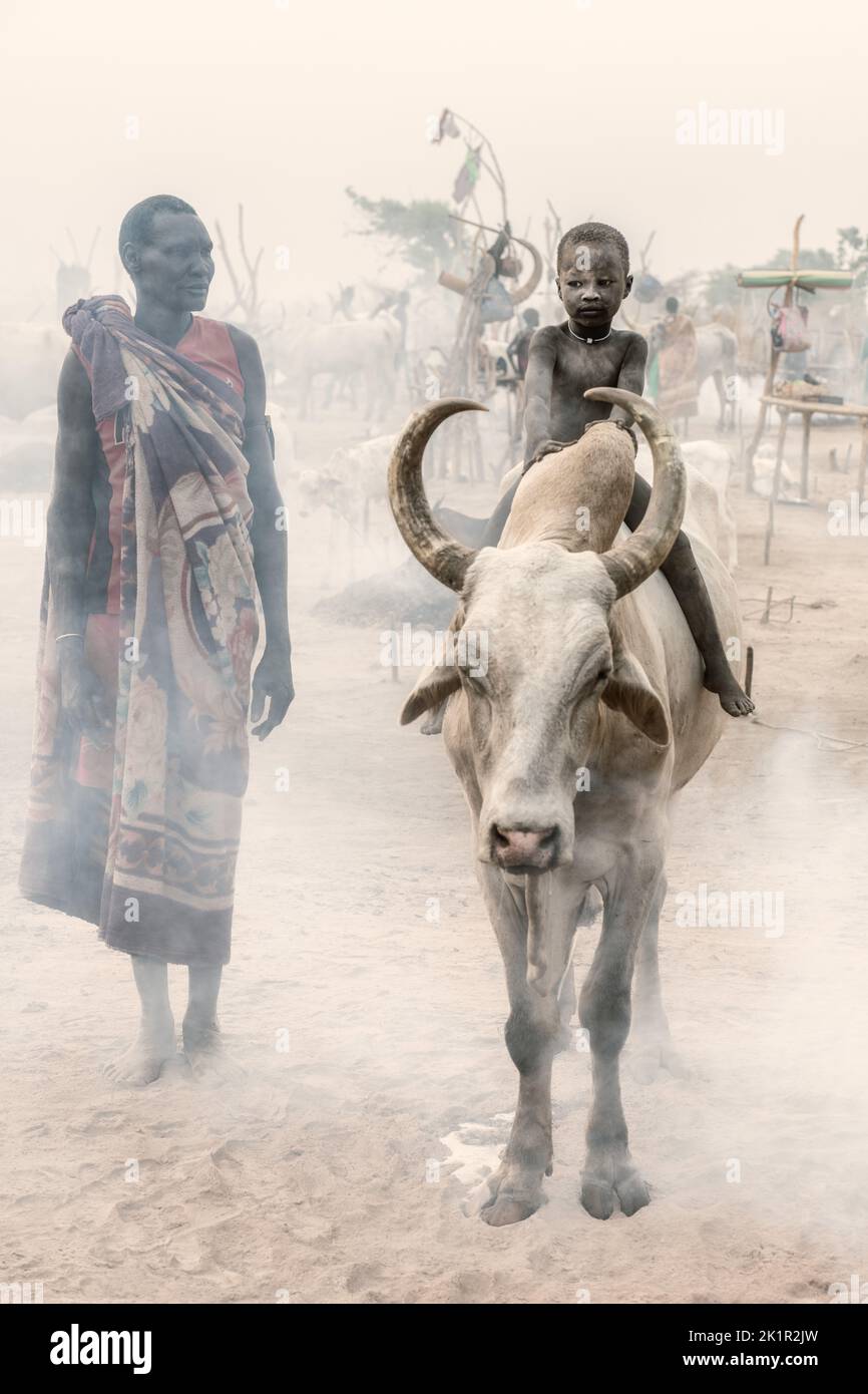 A little boy riding his cow. South Sudan: THESE STUNNING images show the incredible bond between the Mundari people and their cattle in South Sudan. O Stock Photo