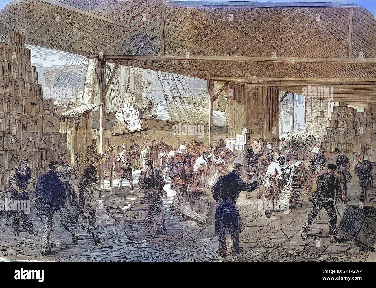 Anlieferung von Tee in den Docks von London, 1868, England  /  Delivery of tea in the docks of London, 1868, England, Historisch, digital restaurierte Reproduktion einer Originalvorlage aus dem 19. Jahrhundert, genaues Originaldatum nicht bekannt  /  historical, digital improved reproduction of an original from the 19th century Stock Photo