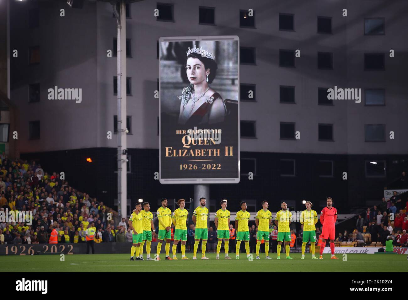 A minute of silence is observed in memory of Queen Elizabeth II - Norwich City v Bristol City, Sky Bet Championship, Carrow Road, Norwich, UK - 14th September 2022  Editorial Use Only - DataCo restrictions apply Stock Photo