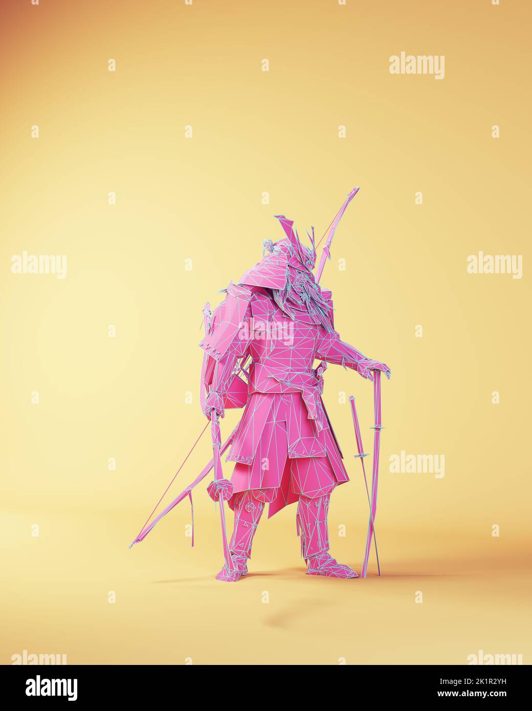 Pink Blue Japanese Samurai Warrior Polygon Cyber Punk Figure Side View 3d illustration render Stock Photo