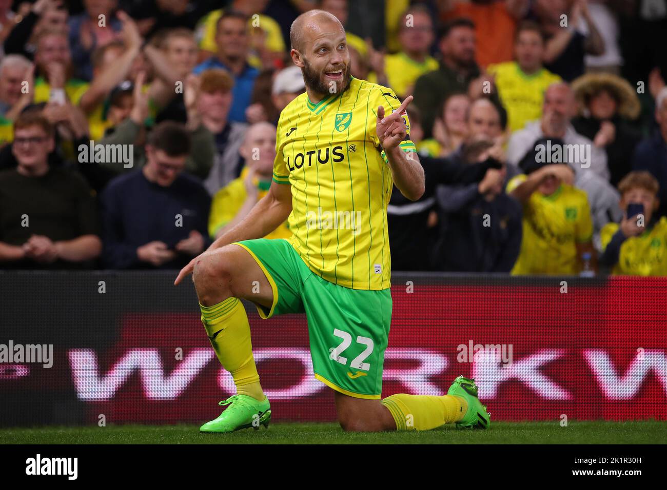 Teemu Pukki of Norwich City celebrates after scoring a goal to make it 1-0 - Norwich City v Bristol City, Sky Bet Championship, Carrow Road, Norwich, UK - 14th September 2022  Editorial Use Only - DataCo restrictions apply Stock Photo