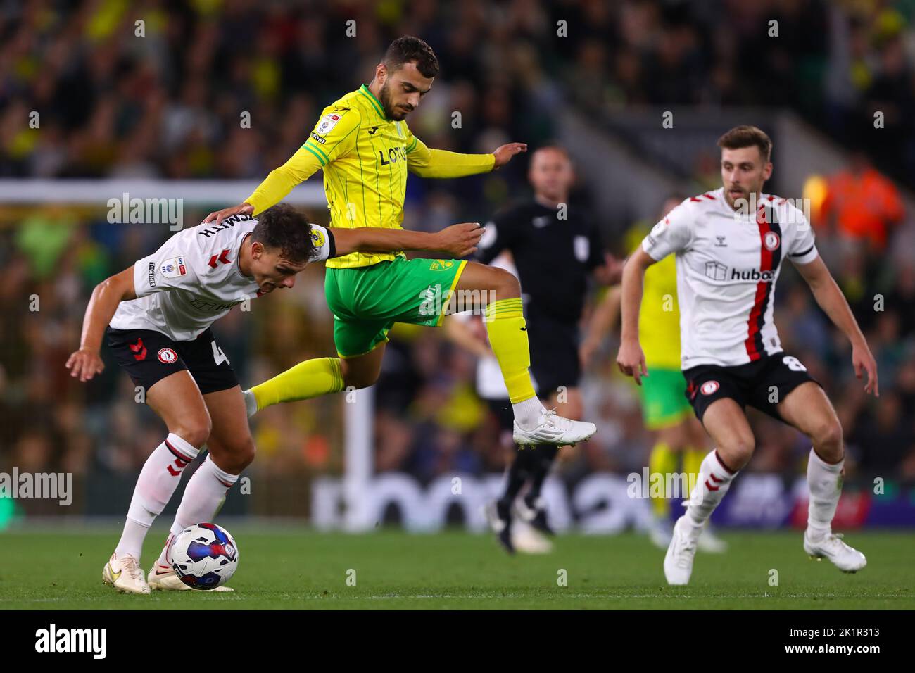 Danel Sinani of Norwich City in action with Kal Naismith of Bristol City - Norwich City v Bristol City, Sky Bet Championship, Carrow Road, Norwich, UK - 14th September 2022  Editorial Use Only - DataCo restrictions apply Stock Photo