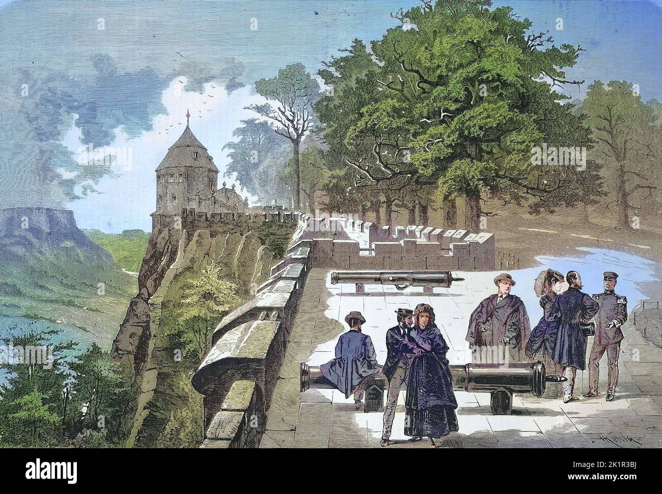 Auf der Kanonen Plattform der Festung Königstein, 1869, Sachsen, Deutschland  /  On the cannon platform of Königstein Fortress, 1869, Saxony, Germany, Historisch, digital restaurierte Reproduktion einer Originalvorlage aus dem 19. Jahrhundert, genaues Originaldatum nicht bekannt  /  historical, digital improved reproduction of an original from the 19th century Stock Photo