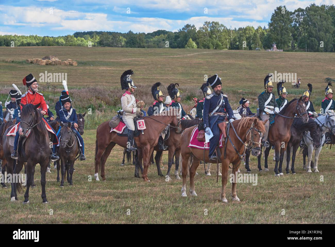 Reconstruction of the battle of 1812 on the Borodino field. People put on the costumes of the Russian and French armies of the 19th century . Stock Photo