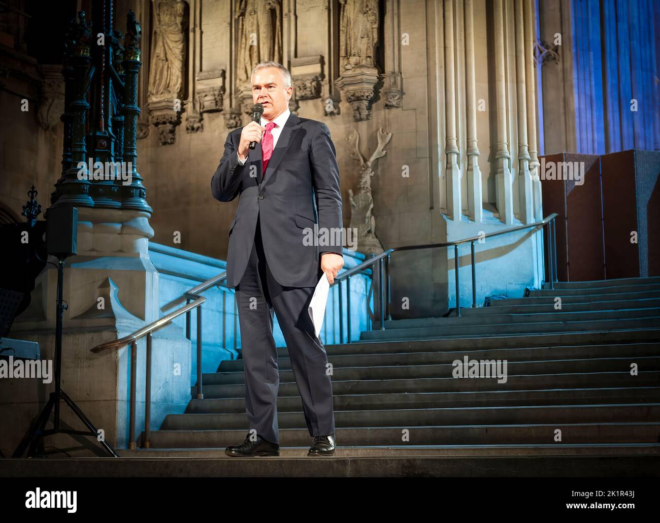 BBC TV News Presenter, Huw Edwards, speaking from the steps of Westminster Hall, London, UK Stock Photo