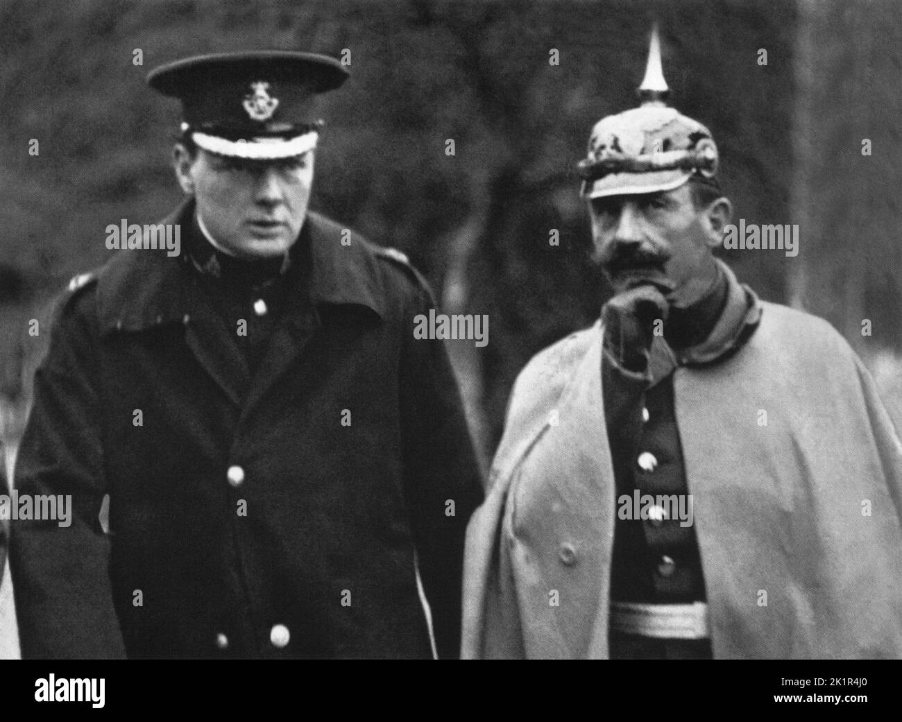 Winston Churchill with Kaiser Wilhelm ll of Germany watching military manoeuvres.1909 Stock Photo