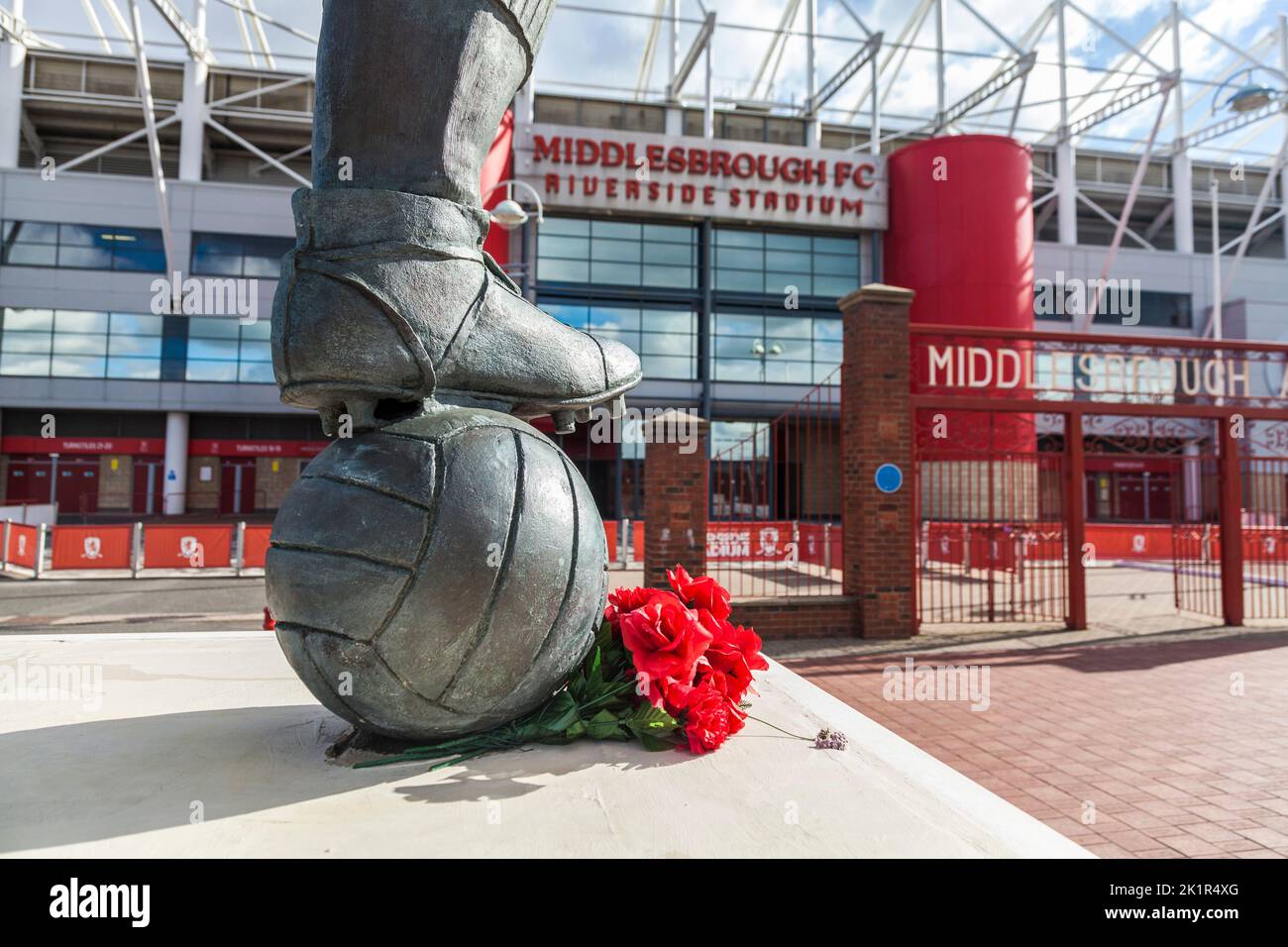 Middlesbrough Football Club's Riverside Stadium ,England,UK,Close up of  football and players boot in foreground Stock Photo