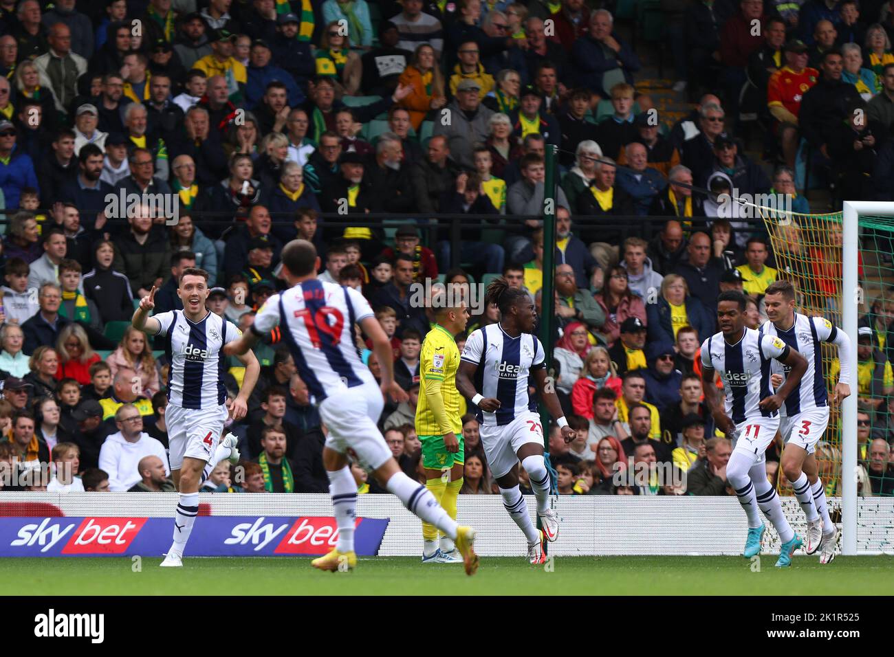 Dara O'Shea of West Bromwich Albion celebrates after scoring a goal to make it 1-0 - Norwich City v West Bromwich Albion, Sky Bet Championship, Carrow Road, Norwich, UK - 17th September 2022  Editorial Use Only - DataCo restrictions apply Stock Photo