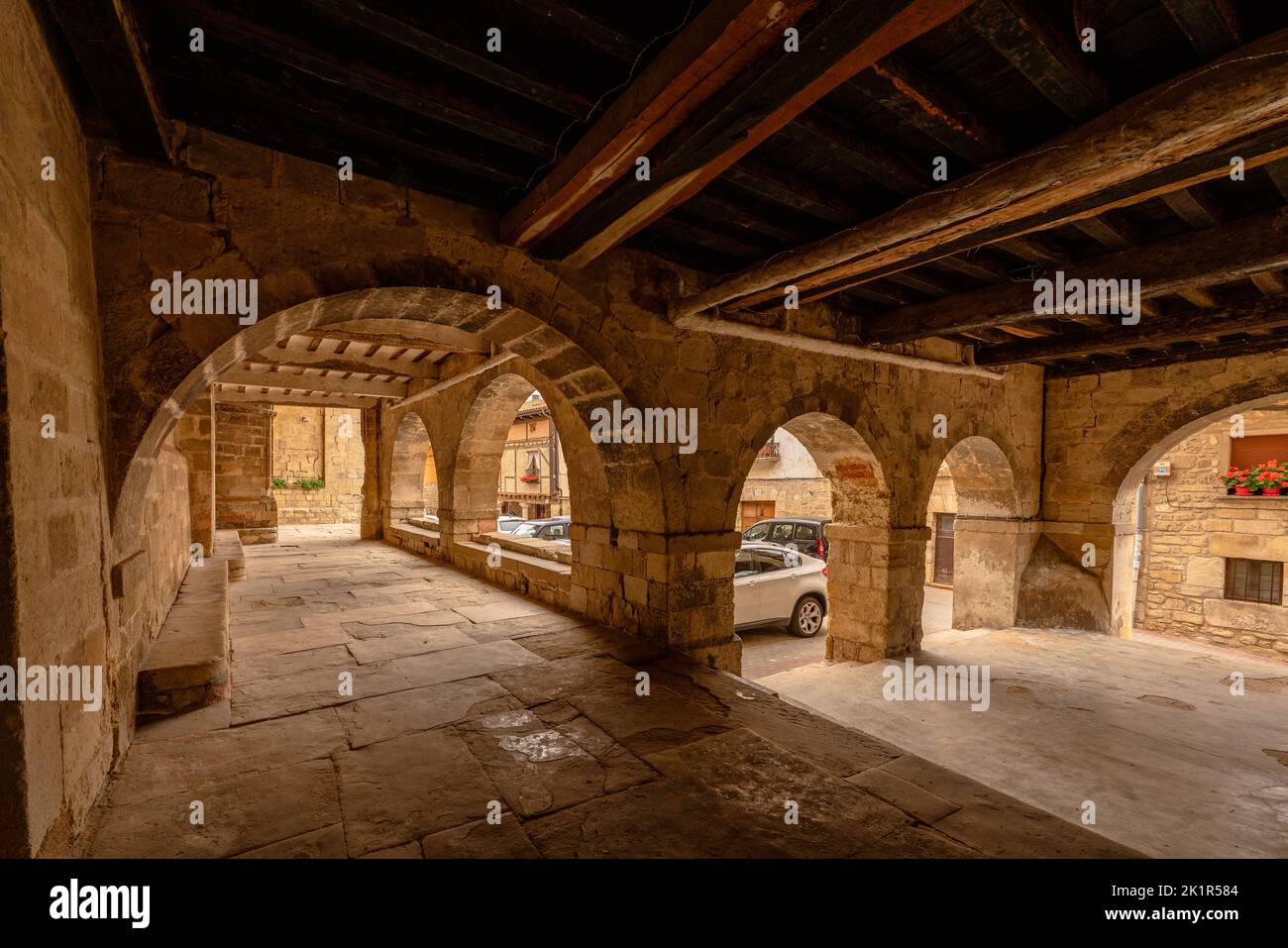 Treviño, Spain. August 5, 2022. Traditional arcade made with stone arches in the very heart of the old village of Treviño, Burgos, Castilla y León, Sp Stock Photo