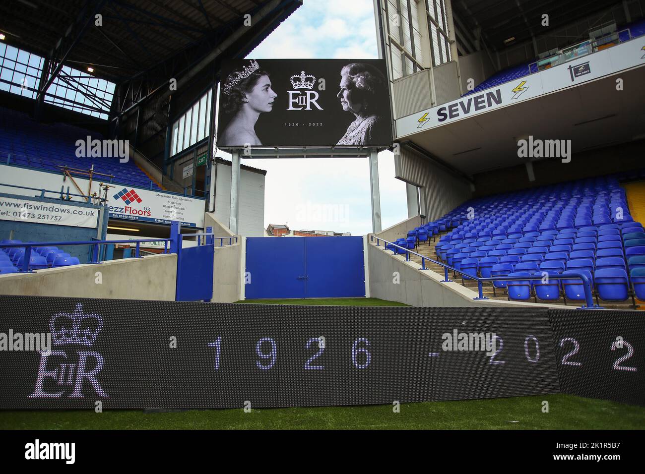 A tribute to Queen Elizabeth II is seen ahead of the match - Ipswich Town v Bristol Rovers, Sky Bet League One, Portman Road, Ipswich, UK - 13th September 2022  Editorial Use Only - DataCo restrictions apply Stock Photo