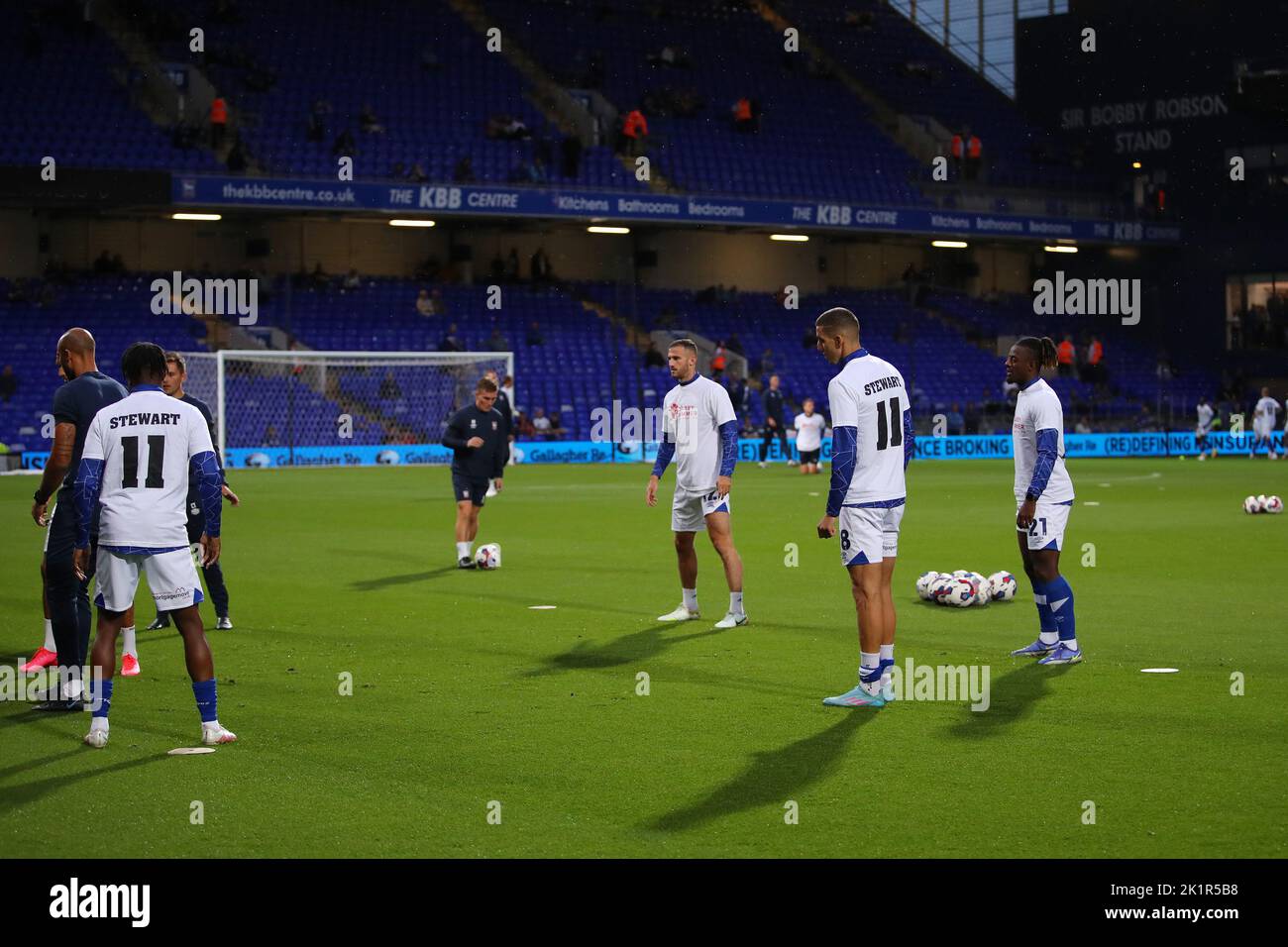 Ipswich Town players warm up wearing t-shirts in support of former player Marcus Stewart who recently diagnosed with Motor Neurone Disease (MND)- Ipswich Town v Bristol Rovers, Sky Bet League One, Portman Road, Ipswich, UK - 13th September 2022  Editorial Use Only - DataCo restrictions apply Stock Photo