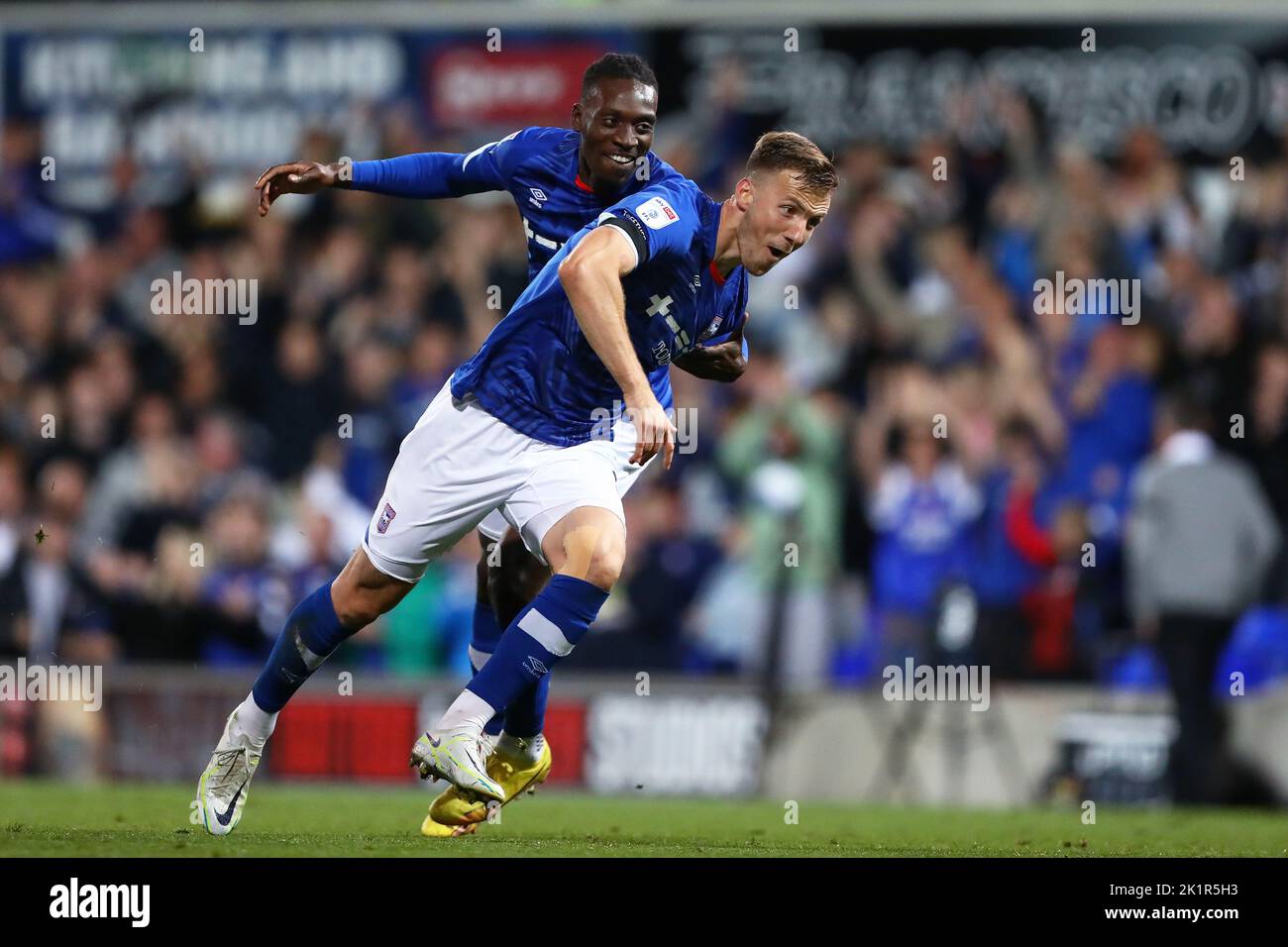 Lee Evans of Ipswich Town celebrates with Freddie Ladapo after scoring a goal to make it 2-0 - Ipswich Town v Bristol Rovers, Sky Bet League One, Portman Road, Ipswich, UK - 13th September 2022  Editorial Use Only - DataCo restrictions apply Stock Photo