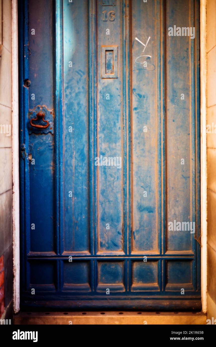 No 16 old blue Wooden Door Stock Photo