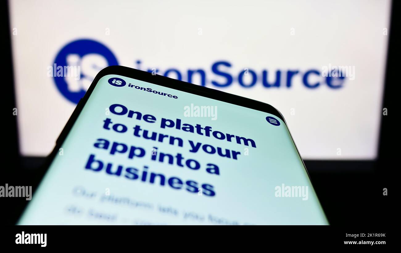 Mobile phone with website of Israeli app company ironSource Ltd. on