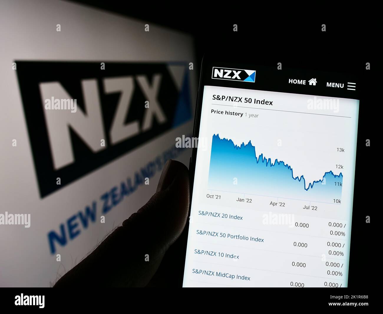 Person holding cellphone with website of financial company New Zealand's Exchange (NZX) on screen with logo. Focus on center of phone display. Stock Photo