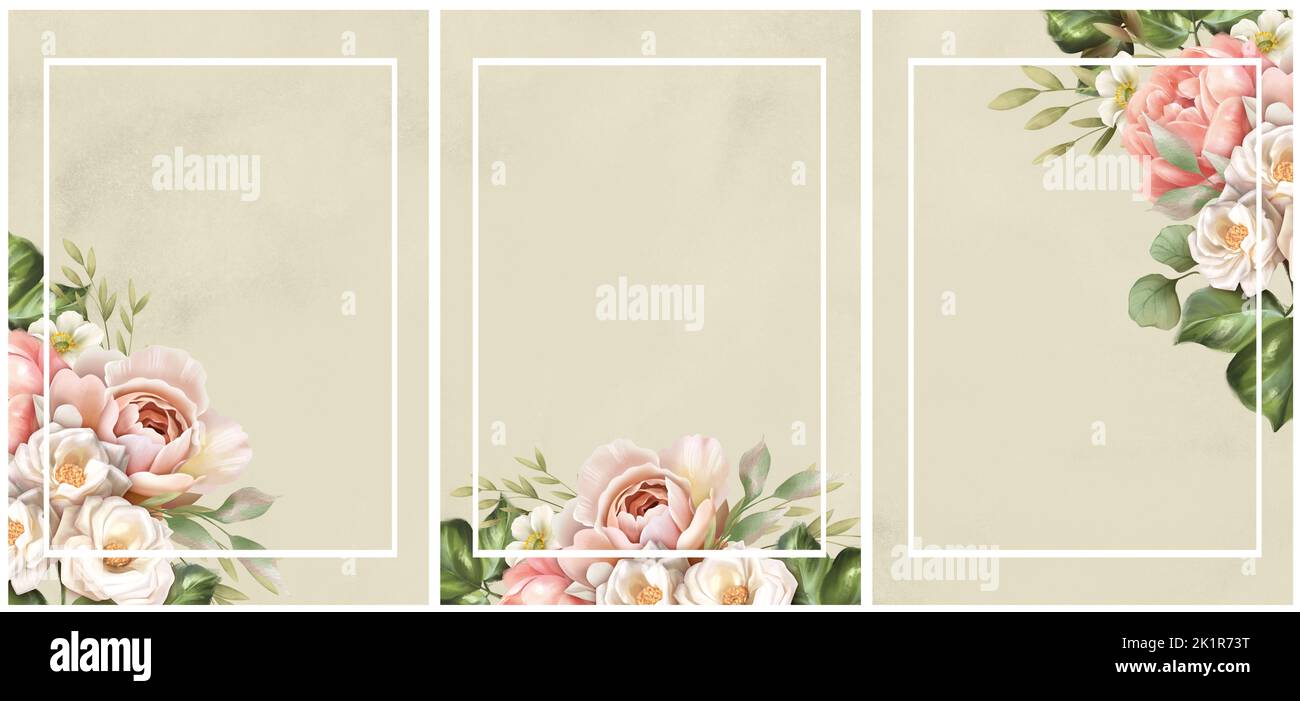 Pink and beige rose flowers. Invitation card. Floral pastel watercolor style wedding templates. Stock Photo