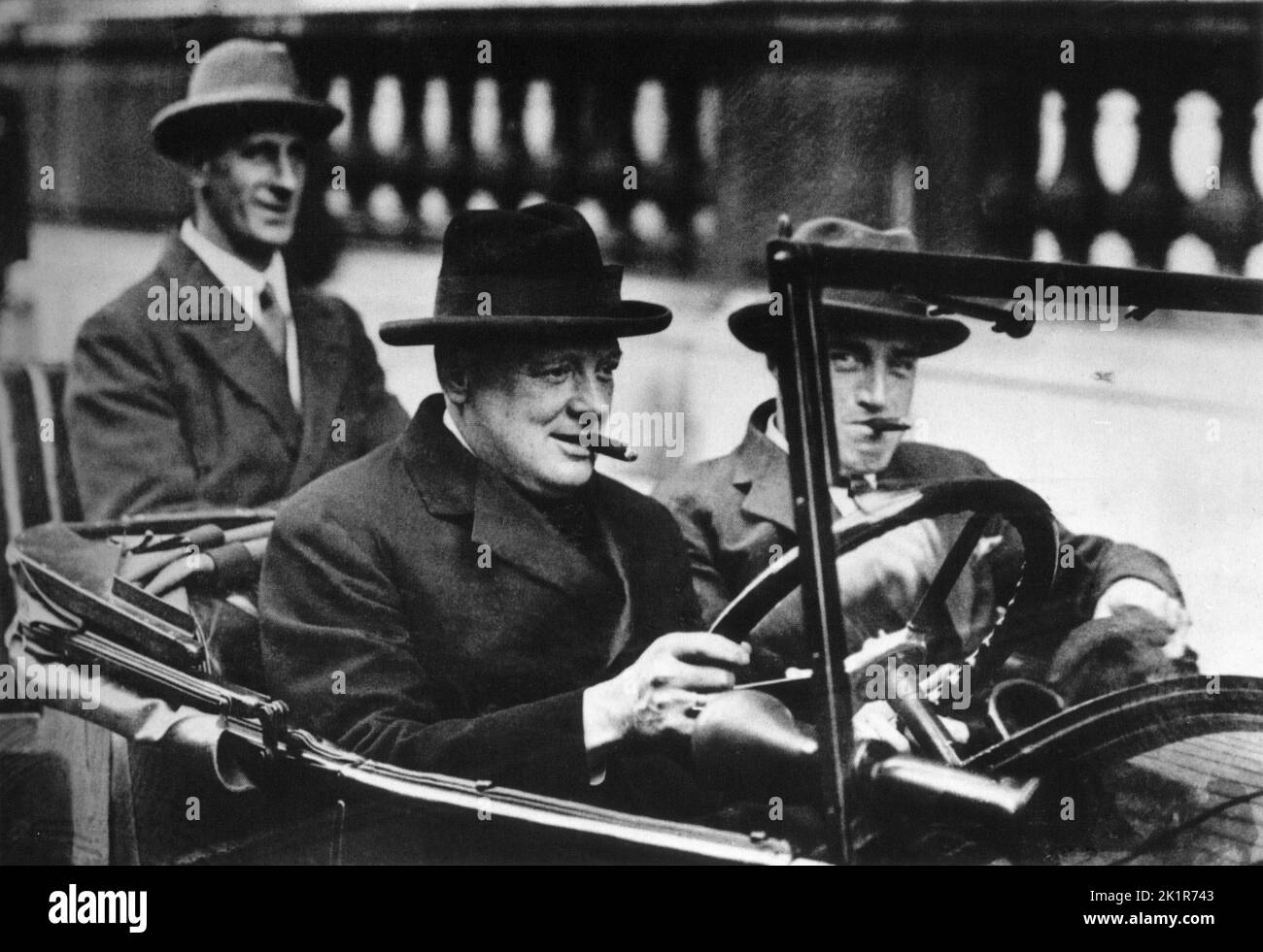 Winston Churchill with Sir Philip Cunliffe-Lister and his personal bodyguard, Detective-sergeant Thompson.1925 Stock Photo