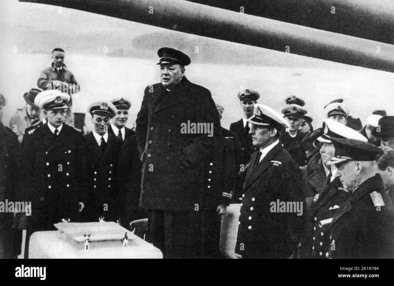 Winston Churchill on board HMS Exeter which had just returned to Plymouth after the Battle of the River Plate in the South Atlantic. February 1940 Stock Photo