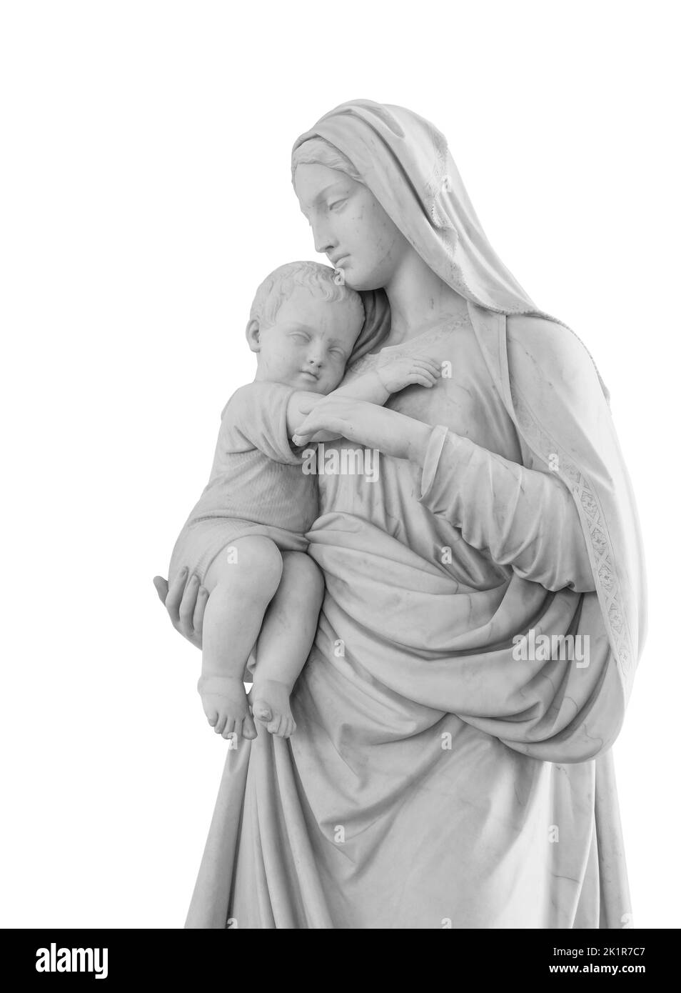 Virgin Mary and child Christ in her arms statue isolated on white background with clipping path. Madonna with baby sculpture Stock Photo