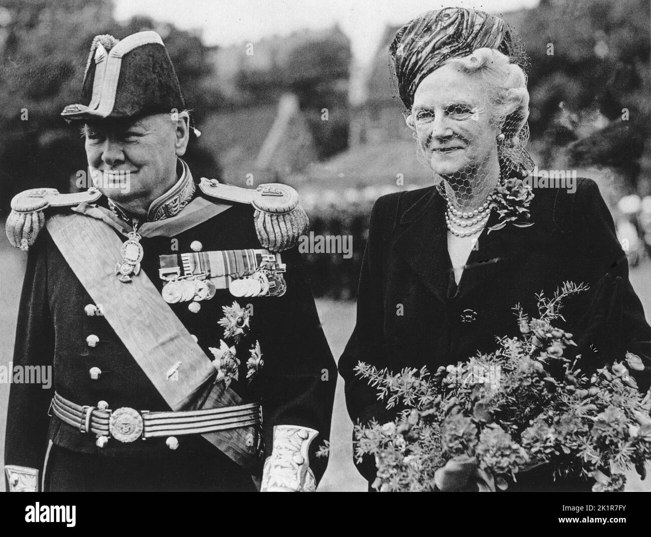 Winston Churchill and Lady Churchill at the ceremony where he was invested Lord Warden of the Cinque Ports. Dover. 1946 Stock Photo