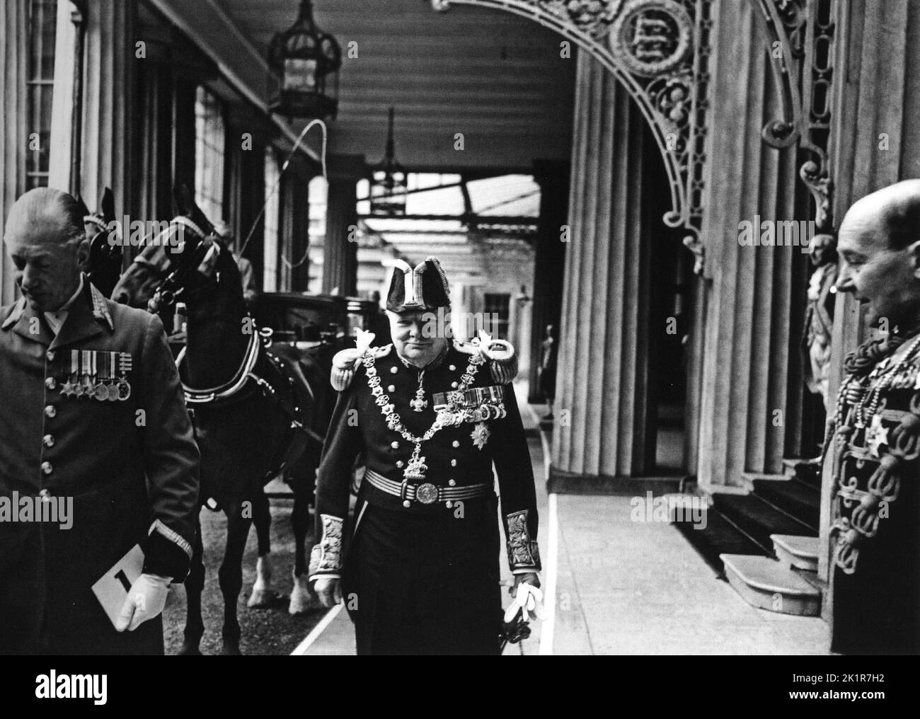 Winston Churchill in the uniform of Lord Warden of the Cinque Ports leaves Buckingham Palace for the coronation of Queen Elizabeth ll.2nd June 1953 Stock Photo