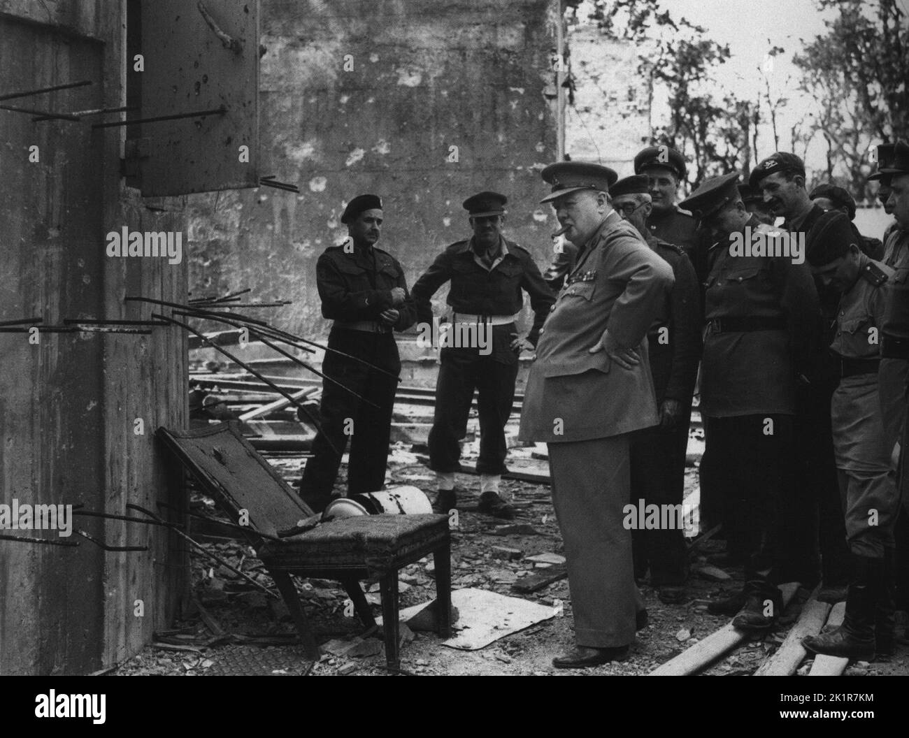 Winston Churchill outside Hitler's bunker. Berlin. 1945 Stock Photo