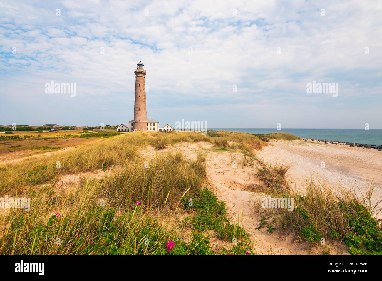 Skagen Lighthouse is an active lighthouse 4 km northeast of Skagen in the far north of Jutland, Denmark. It was brought into operation in 1858. Stock Photo