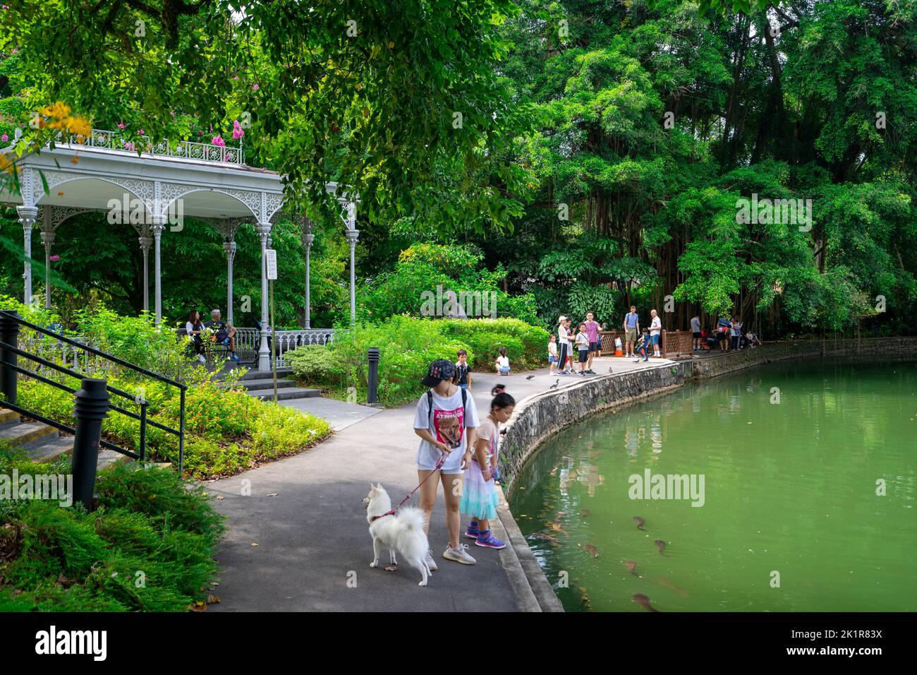 Visitors relaxing by pond in Singapore Botanic Gardens established in 1859 and covering 82 hectares. Stock Photo