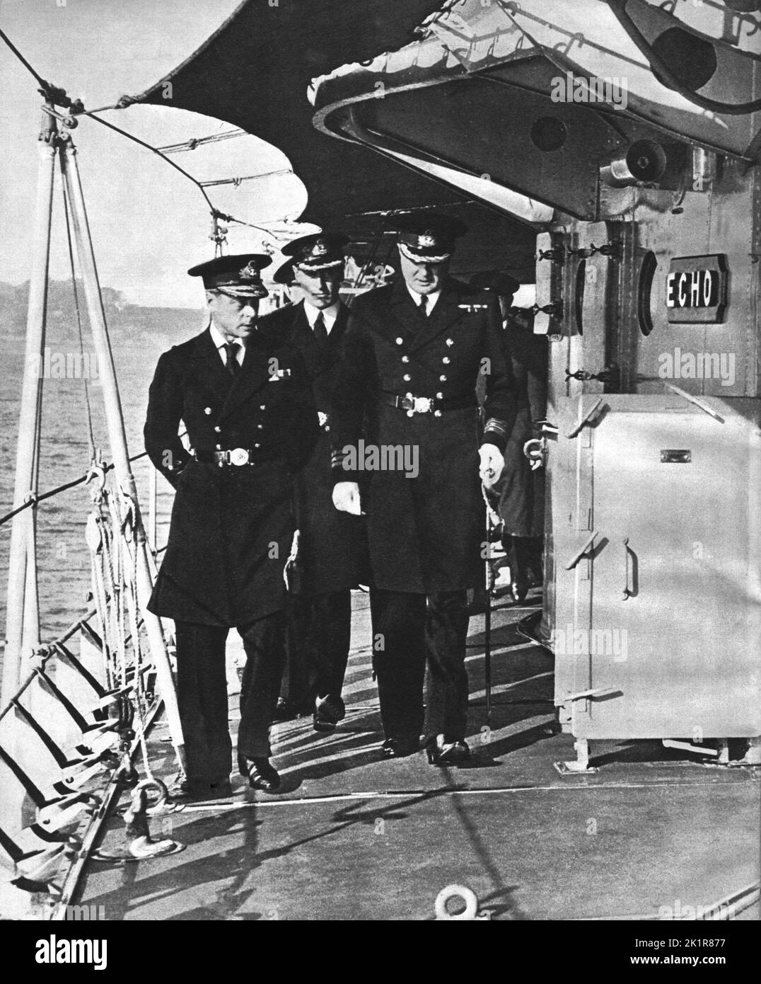 Winston Churchill with HM King Edward Vlll aboard HMS Echo reviewing the fleet at Spithead.1937 Stock Photo