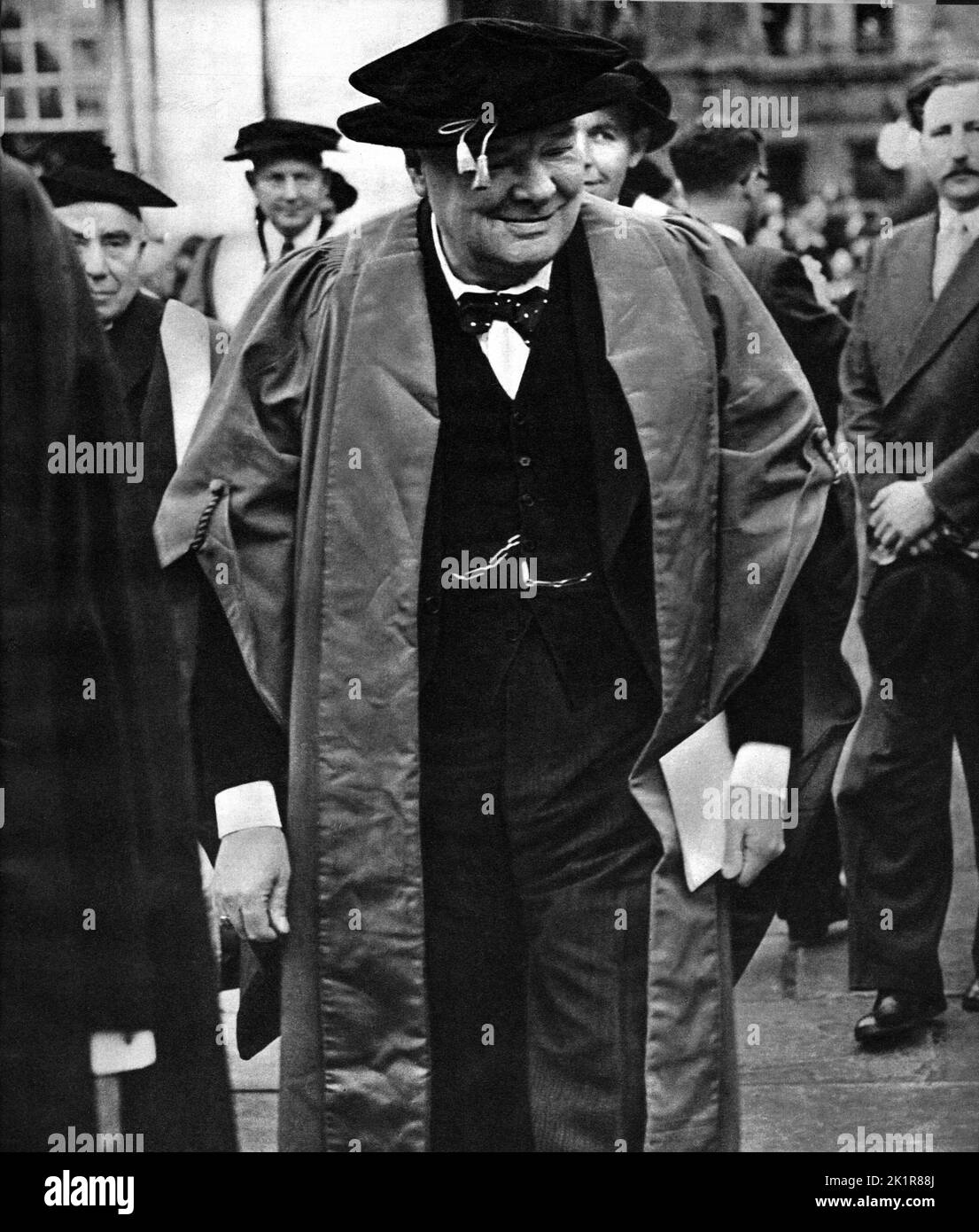 Winston Churchill receiving an honorary degree at Cambridge University. 1948 Stock Photo