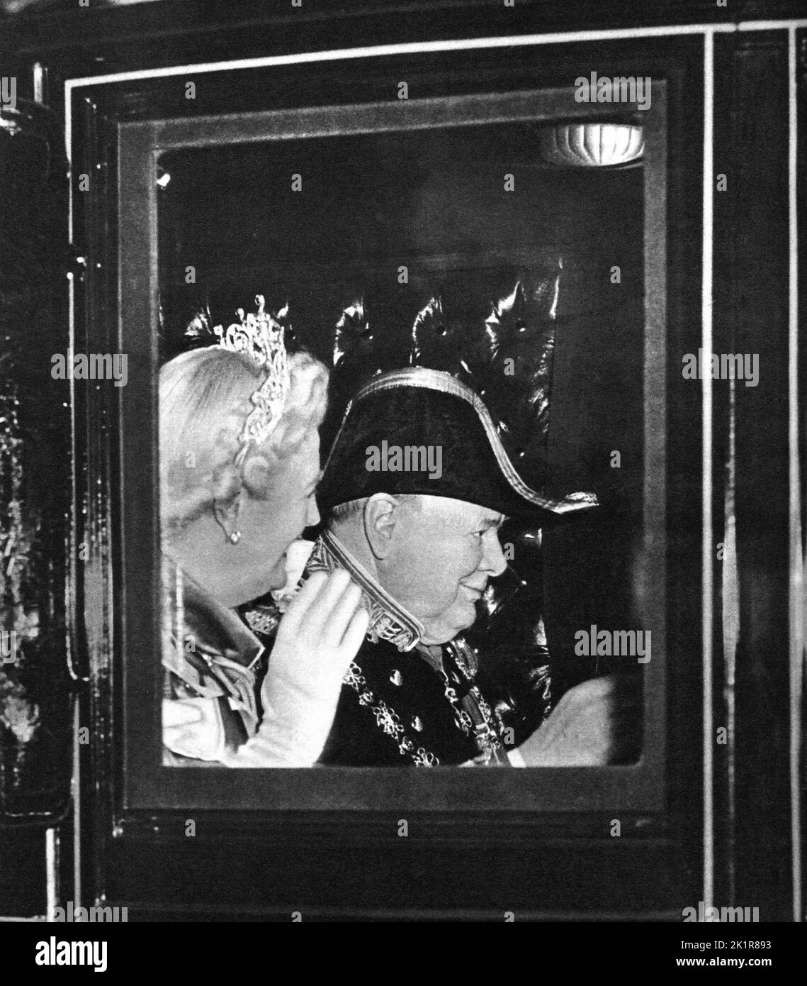 Winston Churchill and Lady Churchill on their way to Westminster Abbey