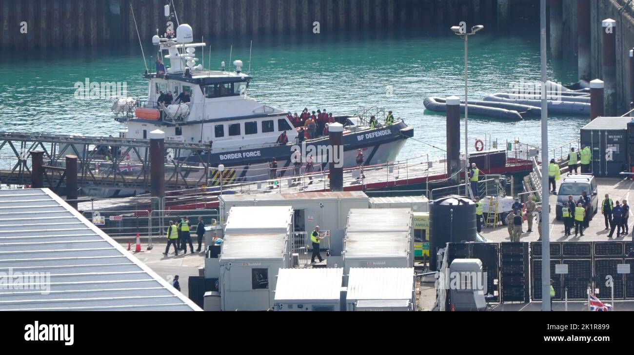 A view of the Border Force compound in Dover, Kent, as a group of people thought to be migrants disembark from a Border Force vessel following a small boat incident in the Channel. Picture date: Tuesday September 20, 2022. Stock Photo