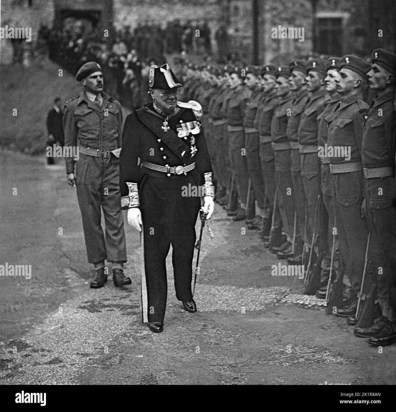 Winston Churchill, Lord Warden of the Cinque Ports, inspecting troops at Dover Castle. August 1946 Stock Photo