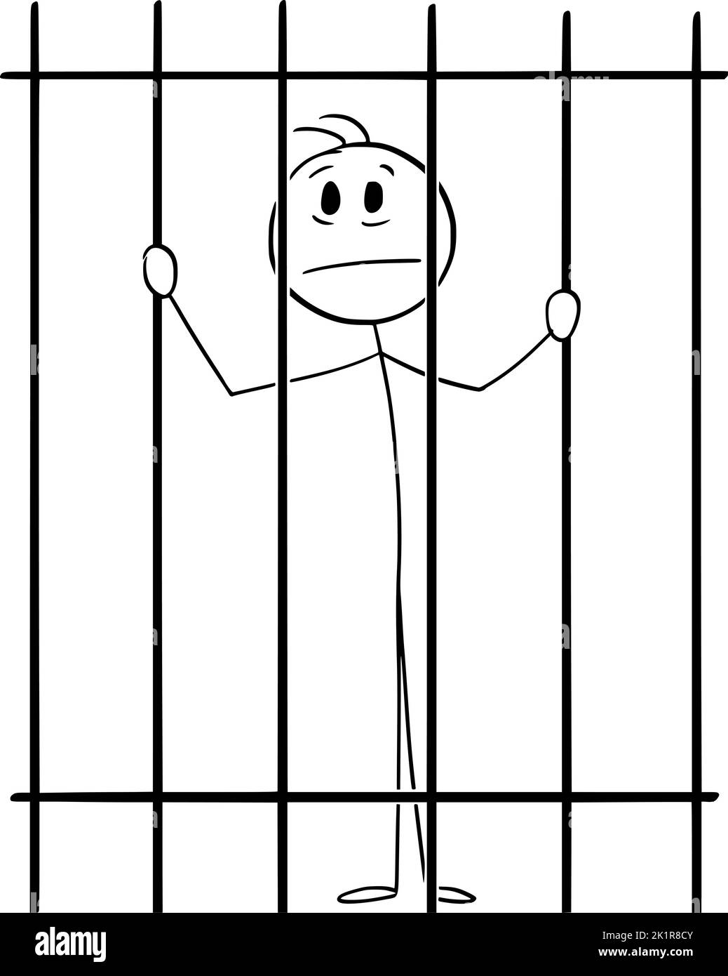 Prisoner Behind or Jail Bars, Vector Cartoon Stick Figure Illustration Stock Vector