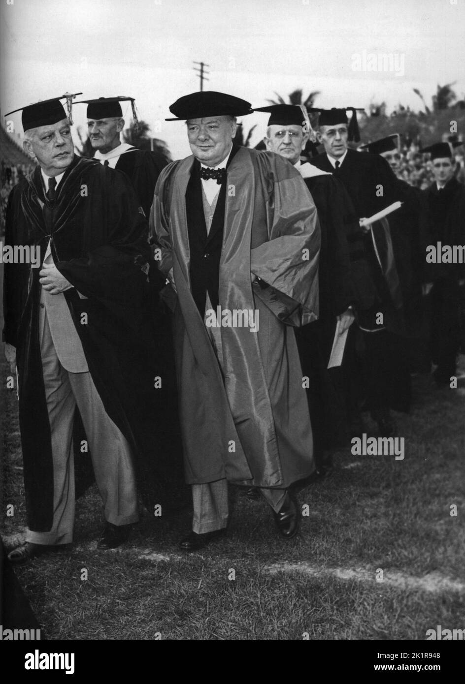 Winston Churchill receiving an honorary degree from Miami University on 4th March 1945. Dr Bowman Ashe made the presentation. Stock Photo