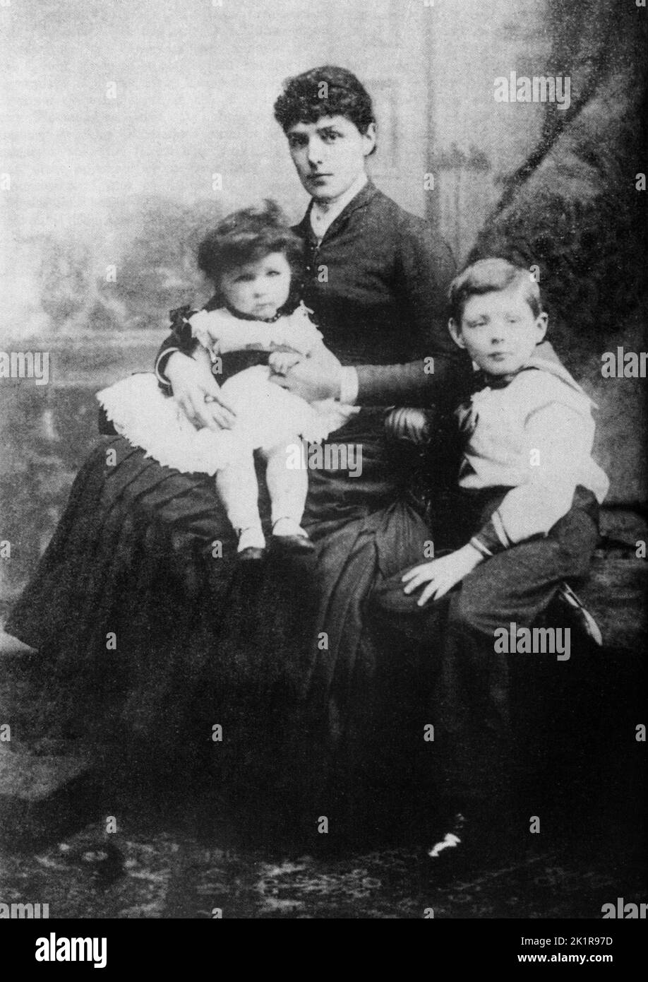 Winston Chruchill aged 7 with his mother, Lady Randolph Churchill, and his brother Jack.  Blenheim Palace. 1882 Stock Photo