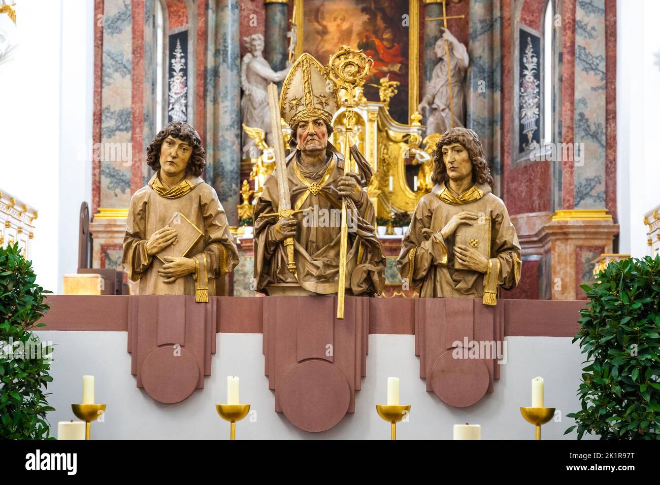 Great close-up view of the three busts of the Frankish apostles Totnan, Kilian and Kolonat installed at the transition from the nave to the transept... Stock Photo