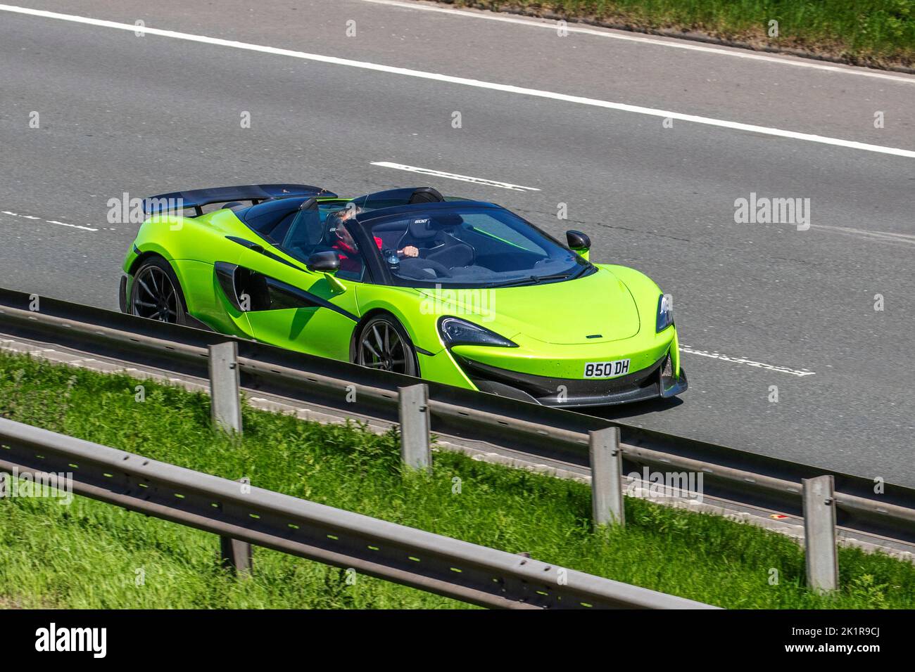 2020 green FERRARI 488 Pista S-A, V8 720 Turbo F1 DCT Auto, 3902cc petrol coupe with the most powerful engine ever mounted on a road car; travelling on the M6 motorway, UK Stock Photo