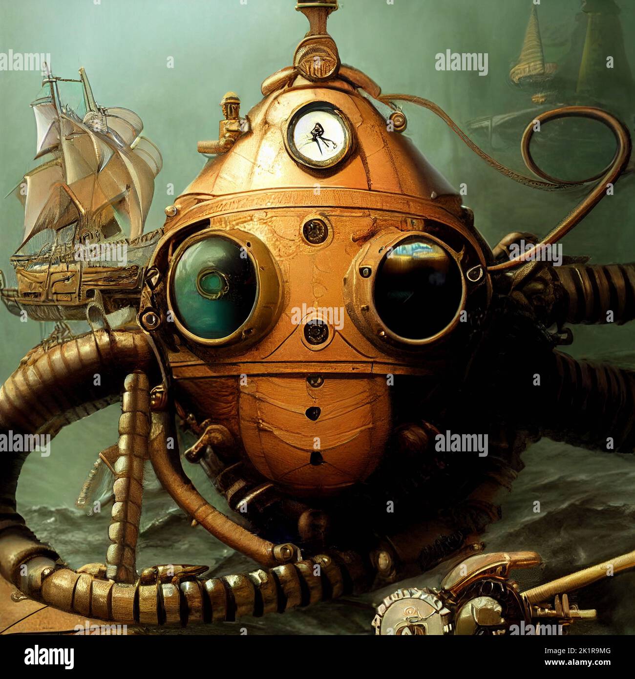 sci-fi fantasy illustration: mechanical marine creature for the deep sea exploration in steampunk octopus style Stock Photo