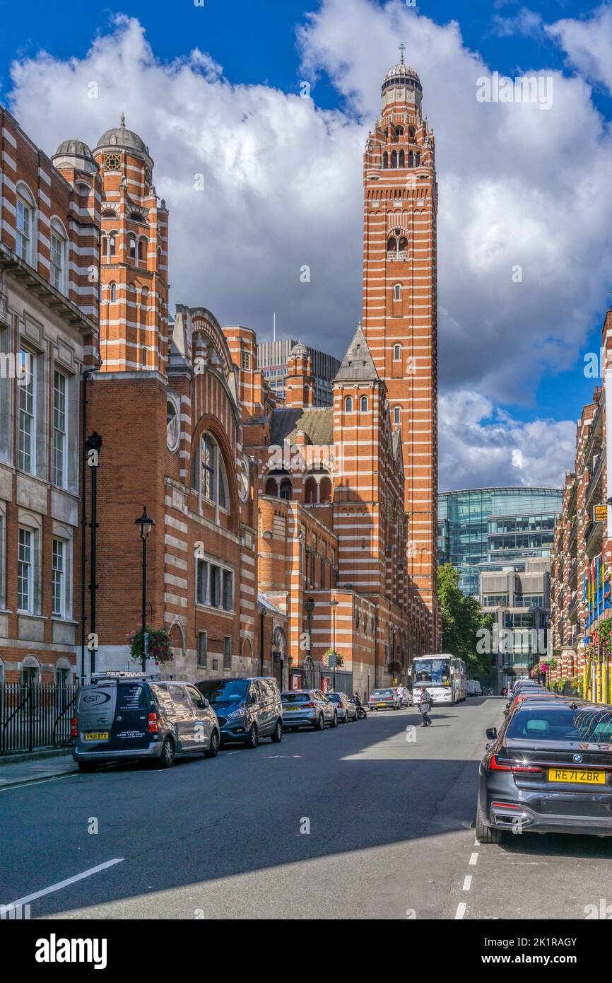 The brick-built neo-Byzantine Westminster Cathedral seen along Ambrosden Avenue, London. Stock Photo