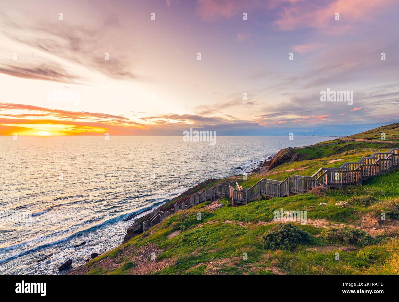 Hallett Cove boardwalk at sunset viewed from the lookout, South Australia Stock Photo
