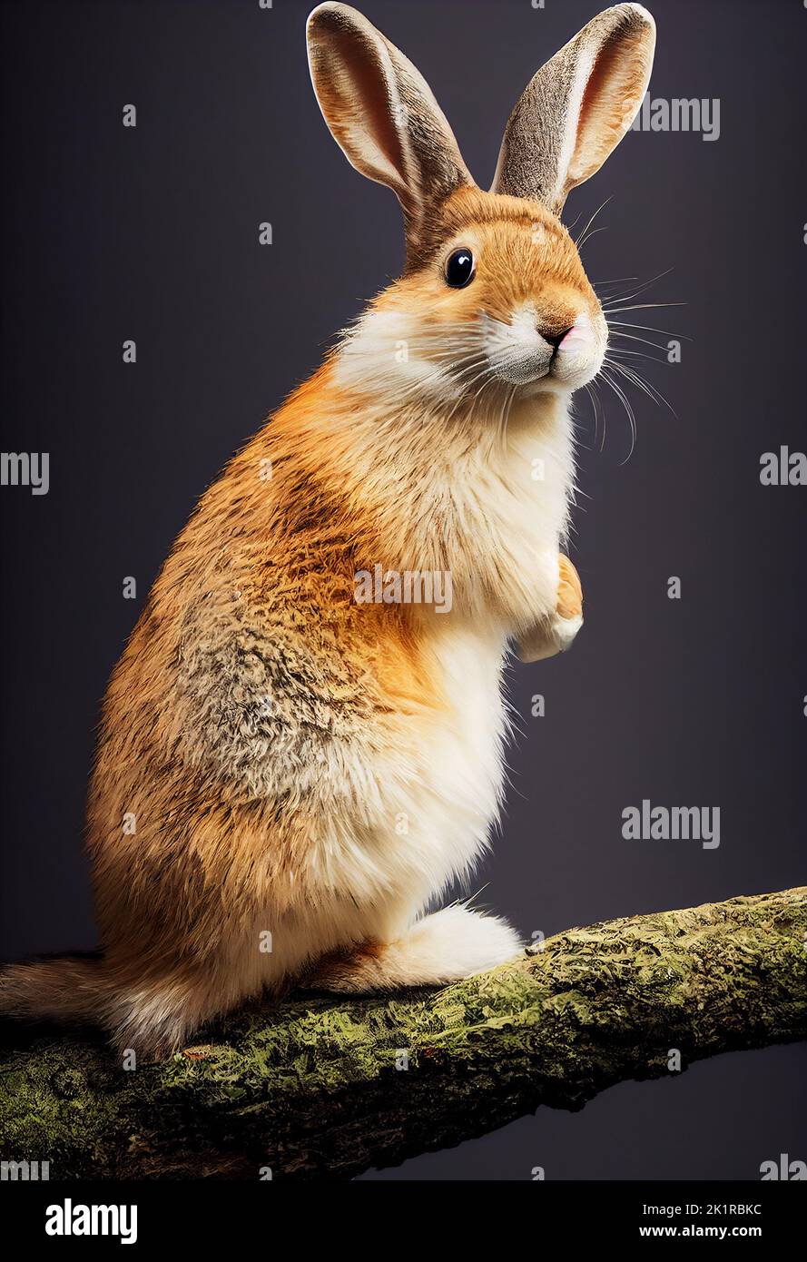 Curious rabbit. Realistic watercolor illustration. AI generated computer graphics. 3D rendering. Stock Photo