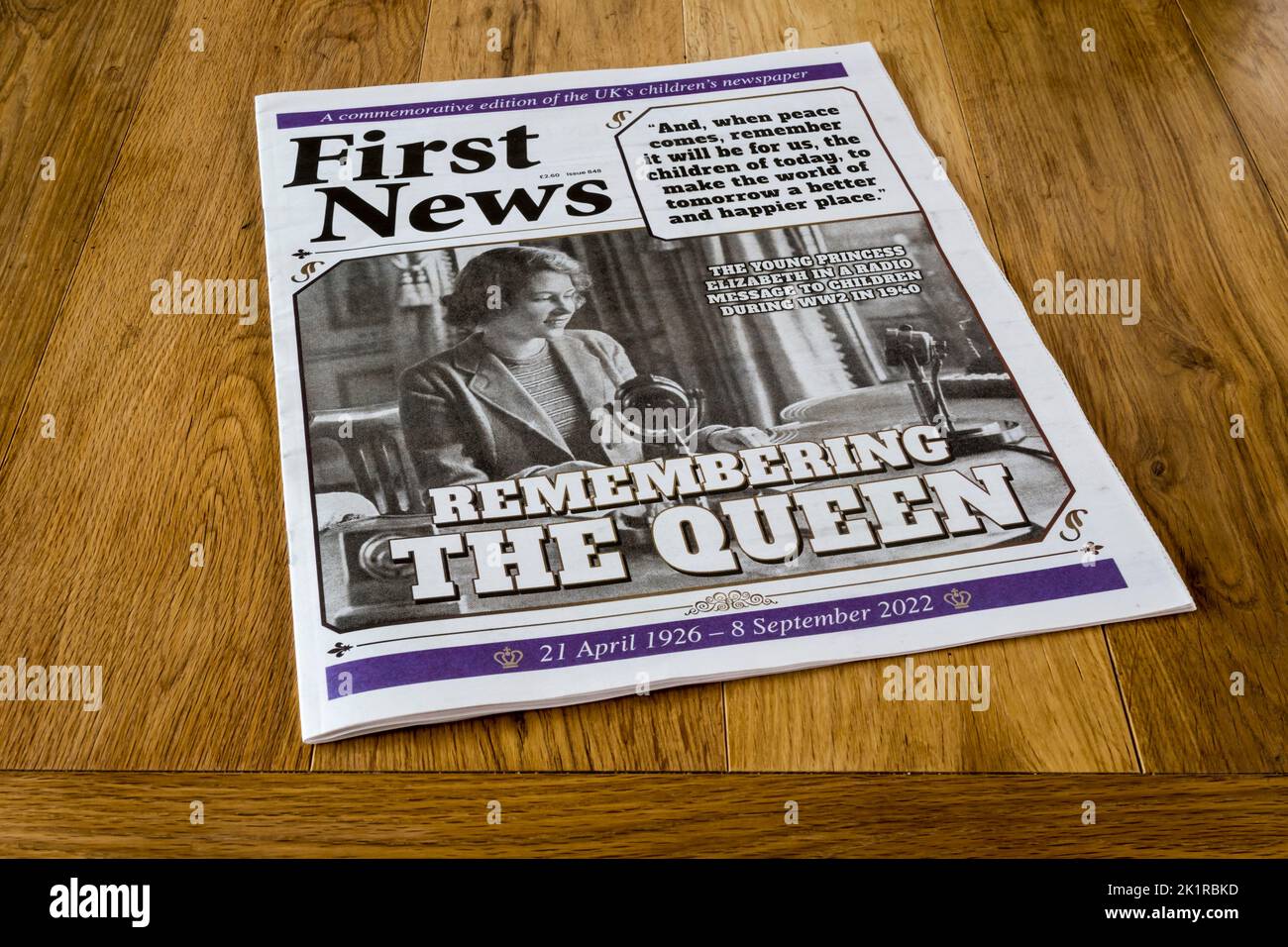 A copy of the children's newspaper First News celebrating the life of Queen Elizabeth following her death on 8 September 2022. Stock Photo