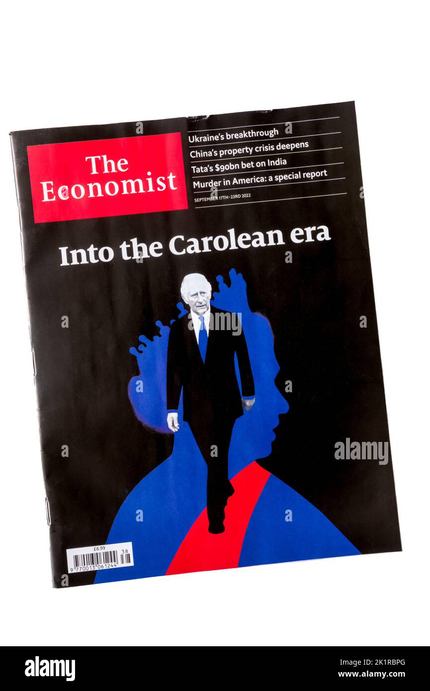 September 2022 front cover of The Economist marks the accession of King Charles III with the words Into the Carolean era. Stock Photo