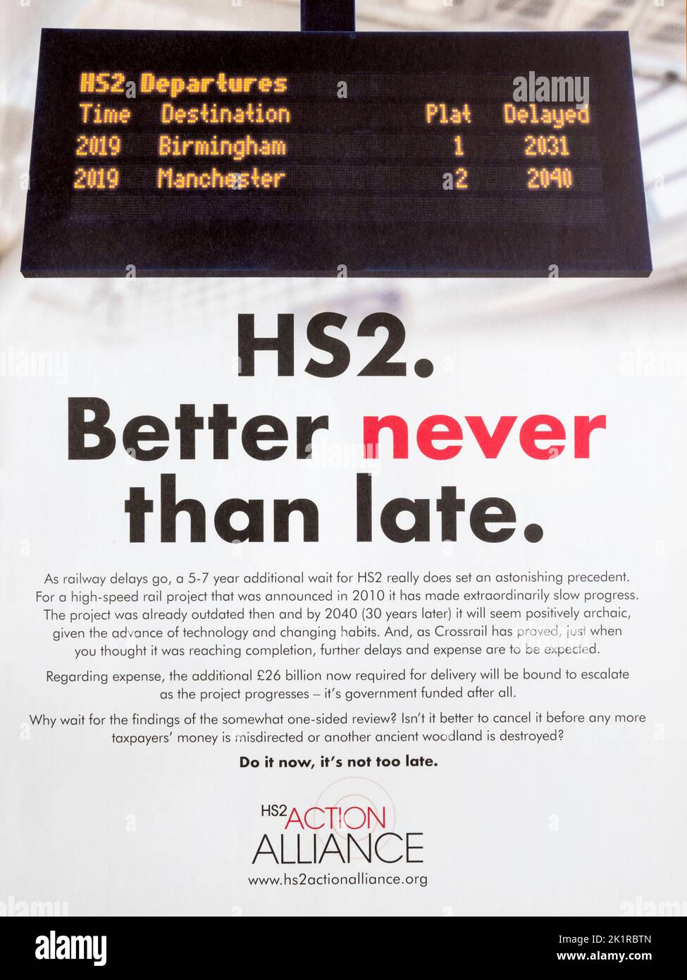 A 2019 advert by HS2 Action Alliance urges the cancellation of the HS2 high-speed rail project. Stock Photo